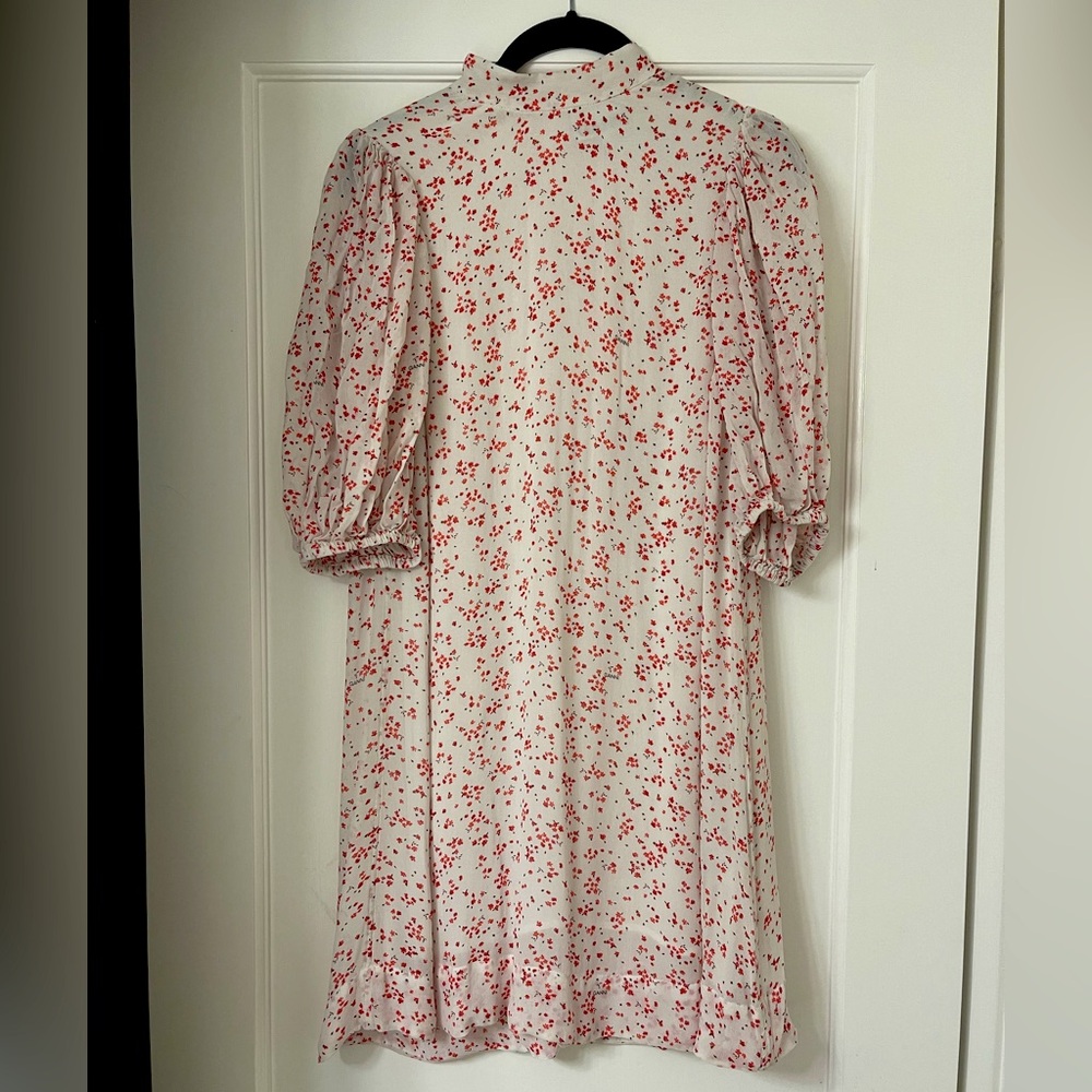 Ganni White Puff Sleeve Mini Shift Dress with Red Floral Pattern | Size 2